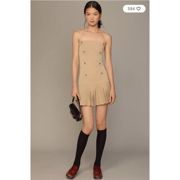 Anthropologie MAEVE Flat White Strapless Pleated Mini Dress in Beige L NWOT $138 - Picture 4 of 8